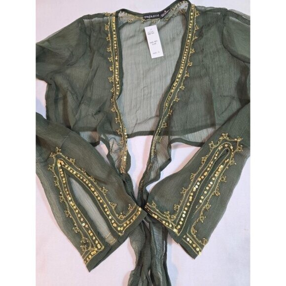 Olive Green Silk Chiffon top, cropped tie front by Magazine Size L New - Picture 7 of 13
